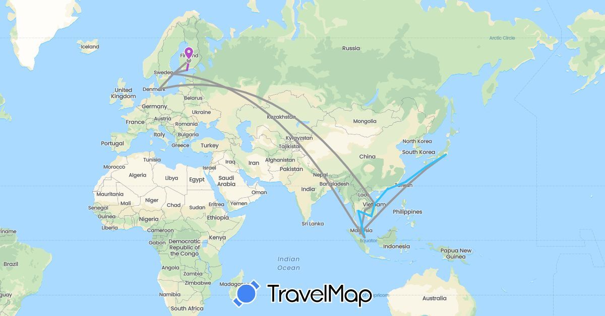 TravelMap itinerary: plane, train, boat in China, Denmark, Finland, Japan, Cambodia, Malaysia, Sweden, Singapore, Thailand, Taiwan, Vietnam (Asia, Europe)
